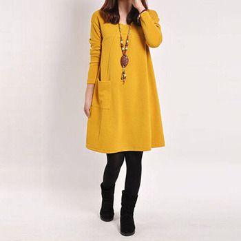 5 цвет Vestidos 2015 осень зима женщины с длинным рукавом карманный платье дамы свободного покроя широкий в вырезом платья Большой размер горячая распродажа