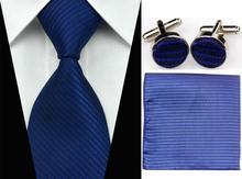 SNT0070 Hot selling Wholesale New 2014 Striped Solid Color Blue Necktie Tie Cufflink Hankie for Men