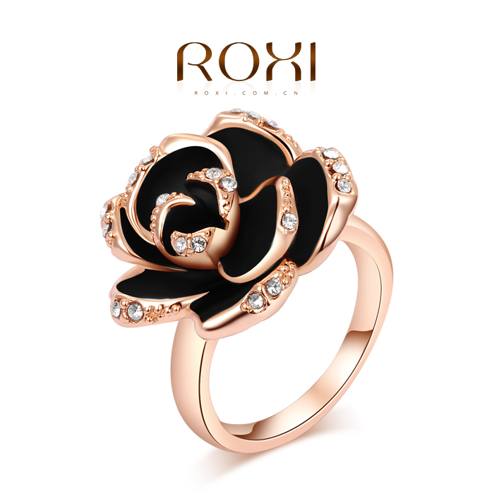 ROXI brand Black Flower Ring Rose Gold Plated set with Austrian Crystal Fashion Jewelry with big