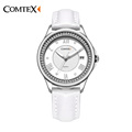 Comtex Fashion Leather Band Stainless Still Case Watch Women Shell Dial Face Quartz Watch Waterproof Backlight