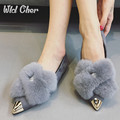2017 Winter Naatural Fur Flats Shoes Woman Pointed Toe Casual Shoes Dress Shoes Slip on Zapatos