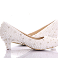2016 Best white pearl Low heels shoes Custom make small heel bridal wedding shoes Celebrity Party