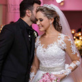 Vestido de Noiva Romantic Winter Long Sleeve Wedding Dress Lace See Through Belt A Line Bride
