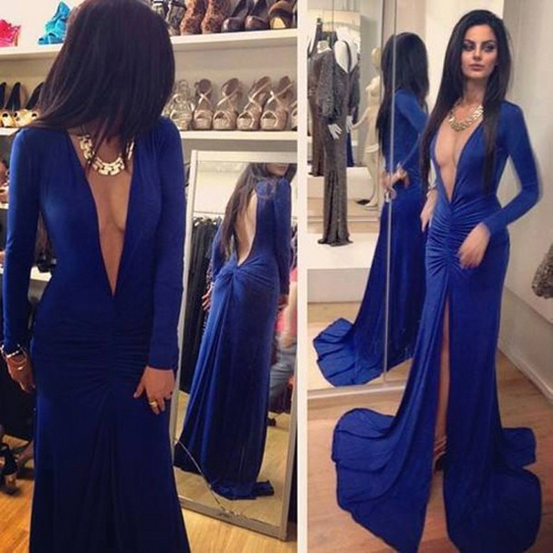 Buy Long Royal Blue Dress Sexy Deep V Neck Front High