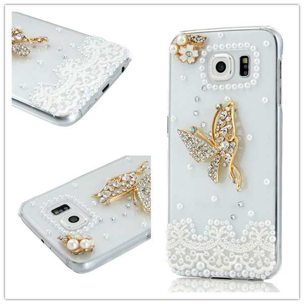 Luxury Diamond Bling Rhinestone Clear Butterfly Pearl Protective Shell Phone Back Cover Case For Samsung Galaxy
