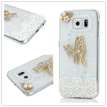 Luxury Diamond Clear Beauty Butterfly Pearl Protective Phone Back Cover Case For Samsung Galaxy S6/ S6 Edge