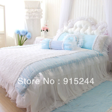 Dreaming bedding lace ROSE flower KING QUEEN TINW FULL SIZE Princess white blue bed 4pcs set bed skirt set quilt bedding ruffle