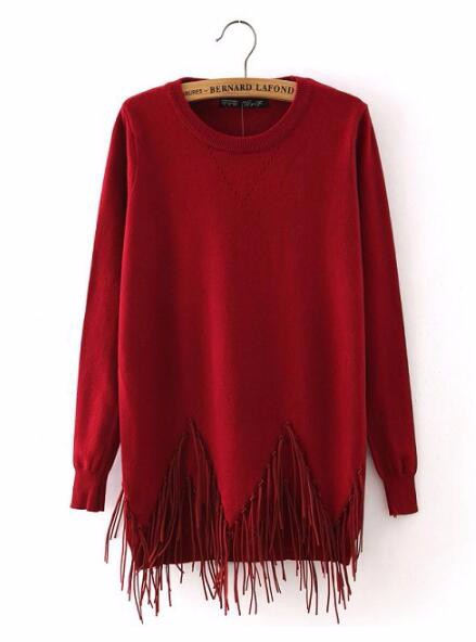 2015 Korean stylish women\'s new autumn winter women long-sleeved o-neck solid color irregular hem fringed sweater tessel free shipping (3)