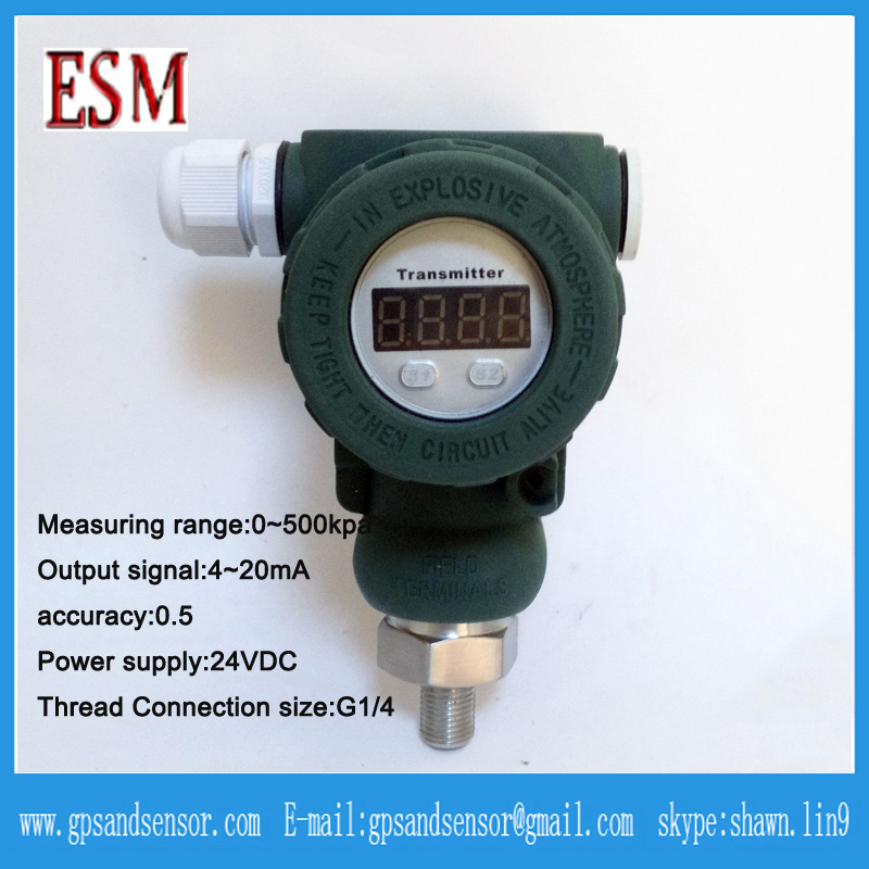 Pipe measuring pressure sensor 0 ~ 500KPa 4 ~ 20mA G1 / 4 24VDC threaded connection pressure transmitter with display 2088