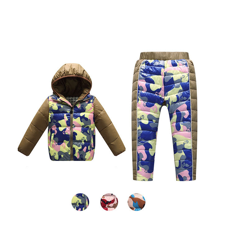 Children Winter Camouflage Clothing Sets baby boys girls Ski Suit Windproof duck Down Coat outwear Jackets+Bib Pants 3 Colors