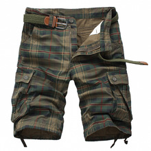 Free Shipping Hot Selling Causal Cotton Khaki Plaid Pocket Straight Mens Cargo Shorts Fashion Workout Knee-Length Trousers Men