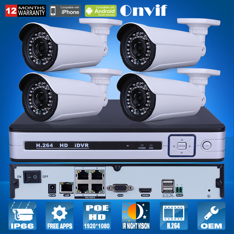 Onvif 1080P POE HD H.264 25fps IR IP Camera Security Surveillance Kit Email Alarm 4CH POE NVR All-In-One P2P CCTV System 2TB HDD