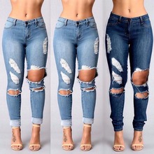 2016 new jeans Summer fashion Full Length High-waist Ripped jeans for women Denim hole long pants Skinny Trousers