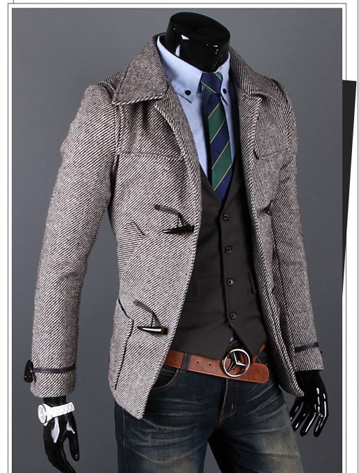 2013 men's winter grey new business slim fit Korean Single-breasted  wool trench coat jacket pea coats clothes Free shipping