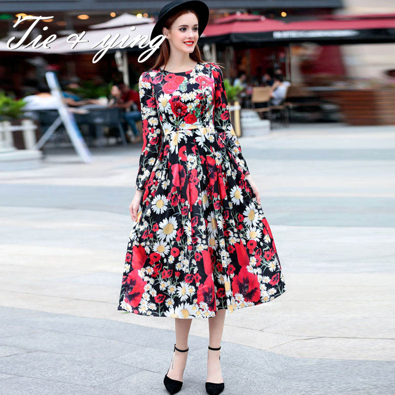 2016 spring long print floral dress new arrival American and European fashion runway luxury beatiful elegant lady party dress