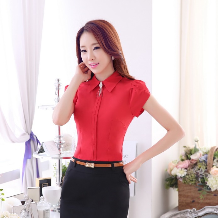 Summer Fashion Ladies Red Shirts Women Work Blouses Plus Size 4XL Short