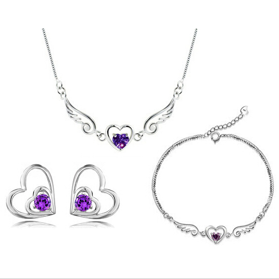 Wholesale (5 sets/lot)-100% Silver 925 AAA Jewelry Sets for Women Heart Necklace+Earring+Bracelet Solid Silver  SS015