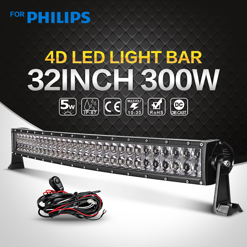 300W 32 inch Curved LED Offroad Light Bar for PHILIPS Led Work Light Driving Combo for Ford Pickup Truck SUV 4X4 4WD ATV 12V 24V