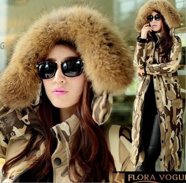 Free Shipping Plus Size Coat 2014 New Winter Women Fashion Camouflage Down Coat High Quality X-Long Thick Hooded Outwear+Sashes