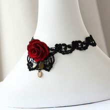 Handmade Womens Sexy Red Flower Rose Leaf Bronze Black Lace Choker Collar Short Necklace Gothic Party Cosplay Fashion Accessory