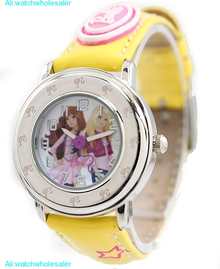 New Yellow Band Round PNP Shiny Silver Watchcase Children Watch KW056D