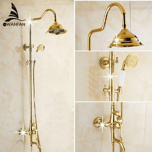 Free shipping Wholesale And Retail Luxury Gold Brass Shower Faucet Set Single Ceramic Handle Tub Mixer Hand Shower GY-8336