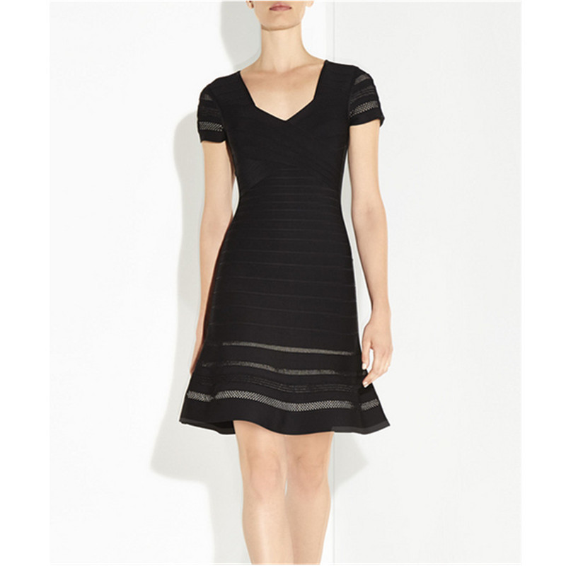 Black Color Ladies HL Bandage Dresss Fashion Short Sleeve A-Line Elegant Dress Evening Party Dress