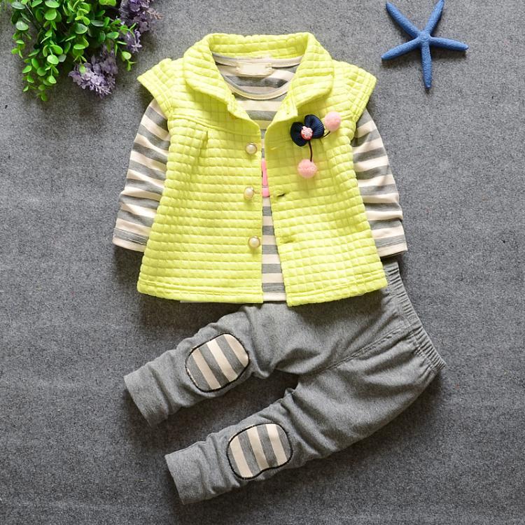 2016 new fashion baby flower girls coat striped t shirt pants 3pcs set children free