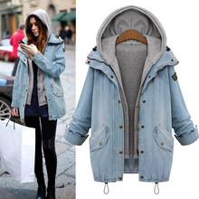 2016 Fashion Puls Size Denim Coats Hoodie Jackets Women Oversized Coat Zipper Pocket Button Overcoat Hooded Outerwear M-4XL