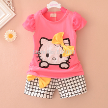 Children s Sets Cartoon hello kitty Girls Sets Short sleeve plaid shorts suit children suit children