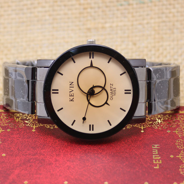 2015 Fashion Brown Black Two Circles Stainless Steel Kevin Quartz Wrist Watch Men Gift orologio da