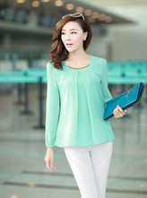 AliExpress |2014 moda de nueva caliente venta más el tamaño Casual manga larga de gasa blusa camisas para mujeres F4279
