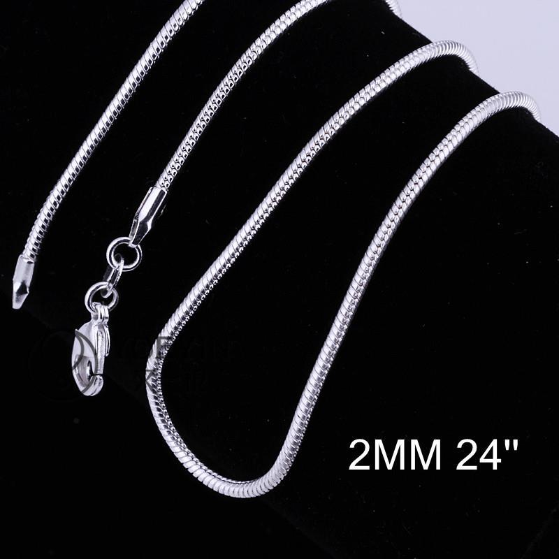 Free Shipping 925 stamped silver plated Single chain 2MM snake chain 24 inch Wholesale Fashion Jewelry