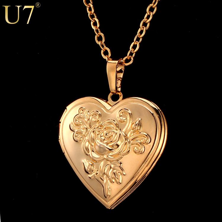 Locket Rose Flower Jewelry Valentines Gift For Women 18K Real Gold Plated Vintage Photo Box Romantic