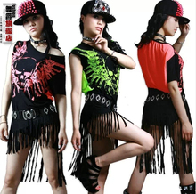 New Fashion hip hop top dance female Jazz costume performance wear stage clothing Halloween skull tassel Neon loose Sexy t-shirt