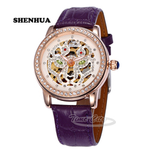 2016 SHENHUA Cool Women s Self Wind Automatic Mechanical Wrist watches Rhinestone Skeleton Waterproof Leather Strap