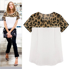 Leopard Print Woman blouses Summer Chiffon clothing Patchwork Top Feminina Round Neck Short Sleeve Casual Clothing Blusas S-3XL