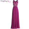 Sexy V Neck Long Chiffon Fuchsia Evening Dress 2016 Floor Length Crystals Beading Prom Party Dress