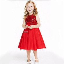 Cut Girls Red Dresses Party New Year Clothing Costumes Fashion O-Neck Sleeveless Net Yarn Patchwork Sequins Decoration Dresses