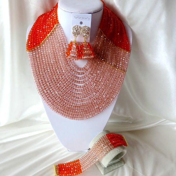 Fashion Nigerian African Wedding Beads Jewelry Set \Orange Peach Crystal Necklaces Bracelet Earrings CRB-1263