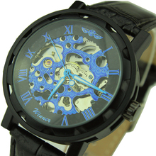 Hombres relojes mecánicos de lujo reloj esqueleto hueco gran esfera redonda correa de cuero del reloj ganador recién llegado 2014 envío gratis
