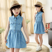 2016 New Kids One Piece Dress Summer Style Girls Denim Dresses Teenage Fille Vestido Children Fashion