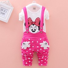 New 2015 Autumn baby girls clothing sets Minnie Mouse Toddler girl clothing Long sleeve t shirt+Overalls Kids child cothes suit