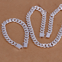 925 sterling silver jewelry silver set marriage ceremony ceremony set casual 10mm facet chain sq. buckle males bracelet&necklace silver 2 set CS101