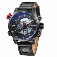 Con estilo moda Casual deportes impermeable 30 M buceo WEIDE hombres del cuarzo de cuero genuino Diver reloj Relogio Masculino