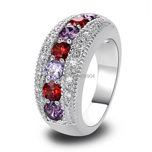 Wholesale Fashion Lady Oval Cut Garnet & Amethyst & Tourmaline 925 Silver Ring Size 6 7 8 9 10 Romantic Love Style Jewelry