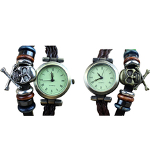 De la muchacha de mujeres Vintage único cráneo de la armadura decoración de la correa de cuero caja redonda de cuarzo analógico reloj de pulsera