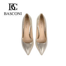 Free shipping 2016 BASCONI woman shoes pointed a stiletto with golden grain sheepskin Leather lining New
