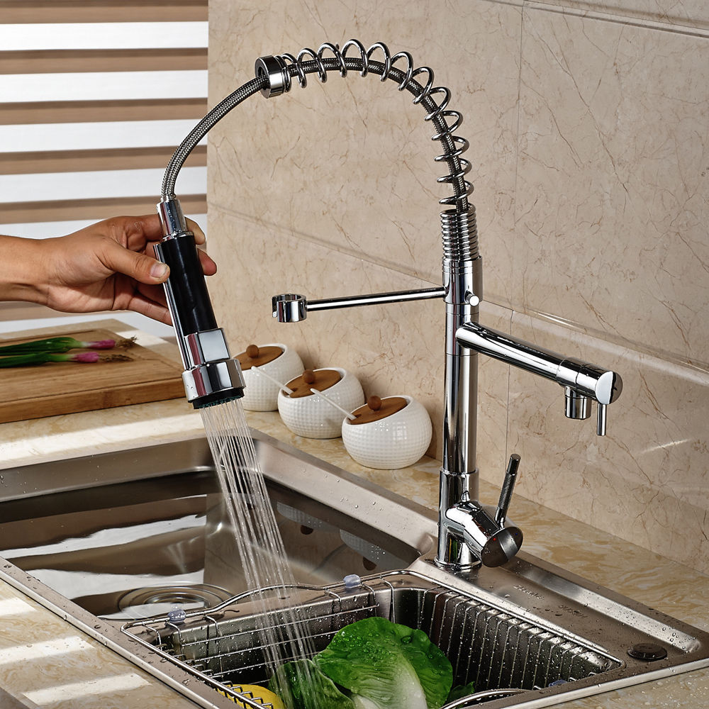 Brass Chrome Brushed Nickel Kitchen Mixer Tap 360 Degree Swivel Spout Two Handle Pull Down Spray Kitchen Sink Faucet Water Taps