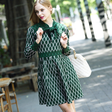 New Arrivals 2016 Spring Autumn brand design high quality Knitted Dress Ladies Fashion Long Sleeve Plaid Sweater Dresses#15139
